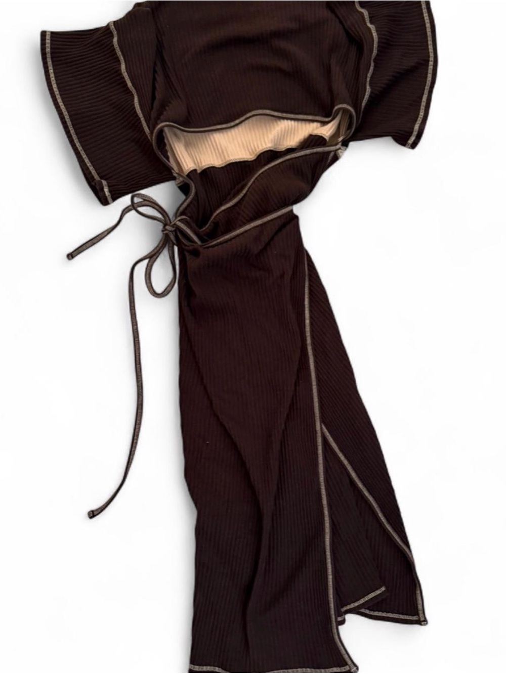 Baserange contrast Ribbed Midi Dress with Tie Waist in Brown and Beige - Picture 4 of 5